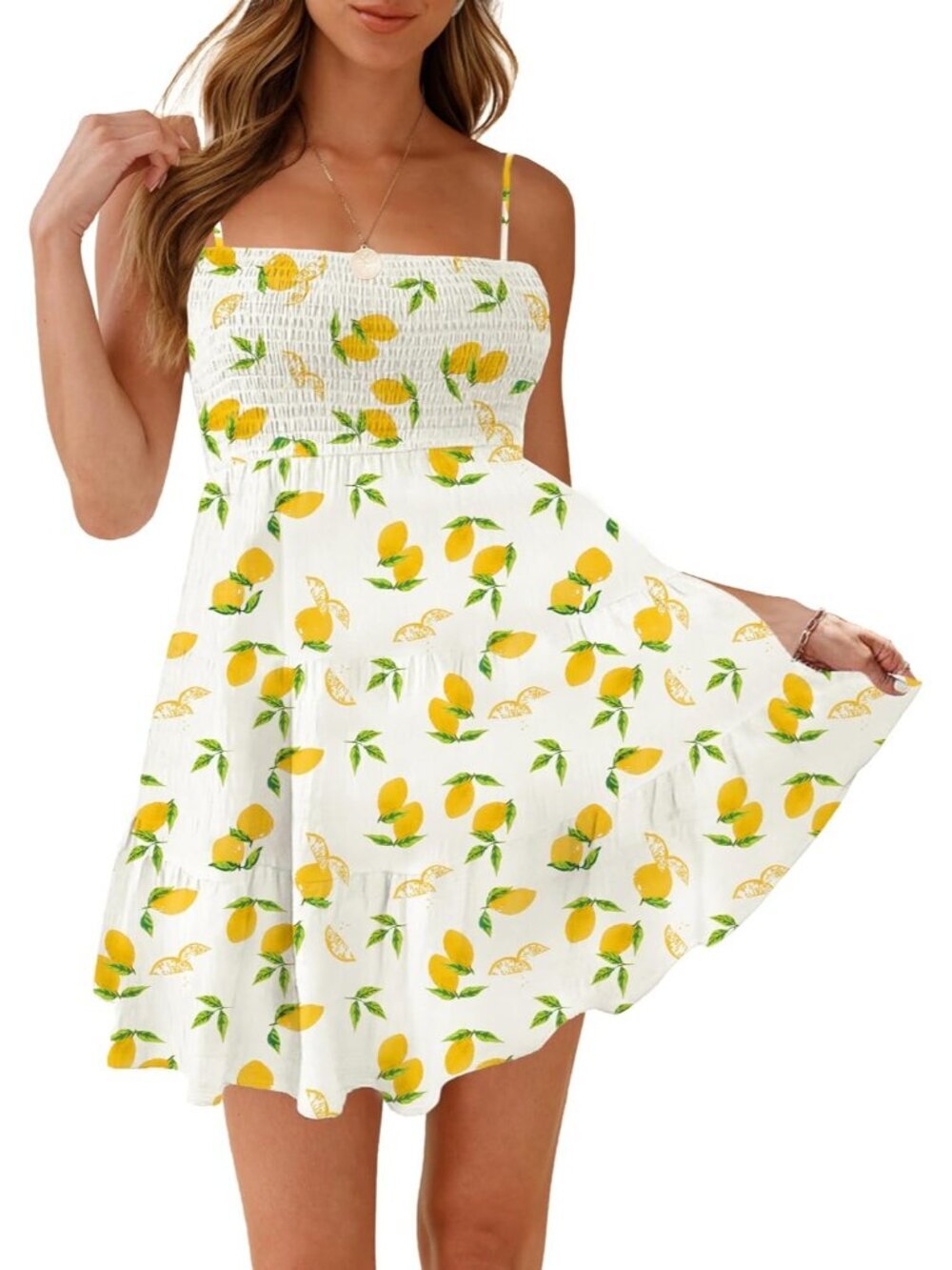 Women's Lemon Spaghetti Strap Sleeveless Smock Cami Mini Dress Summer Flowy Boho